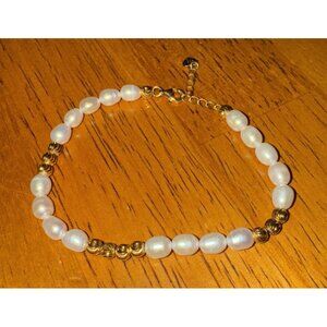 Gold Over 925 Stamped Sterling Silver Pearl Gold Beaded Bracelet Vintage